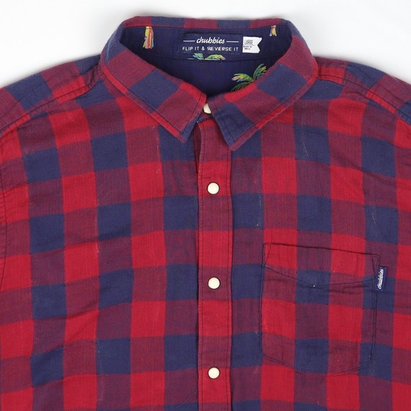 Chubbies Pearl Snap Shirt The Inside Out Flip Reverse It Navy Plaid Palms Mens L - Picture 3 of 9